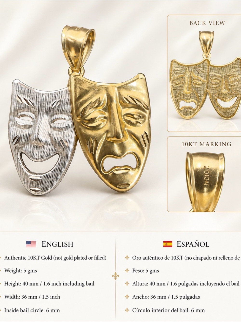 10KT Gold Theater Mask Pendant - Two-Tone Comedy & Tragedy